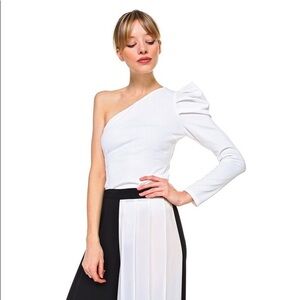 One Shoulder Puff Sleeve Ribbed Bodysuit